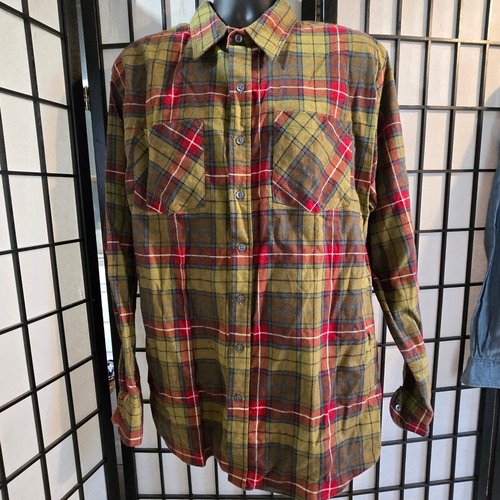 Haband Mens Flannel Shirt Long Sleeve Plaid Button Down Olive Green Red L - Picture 2 of 10